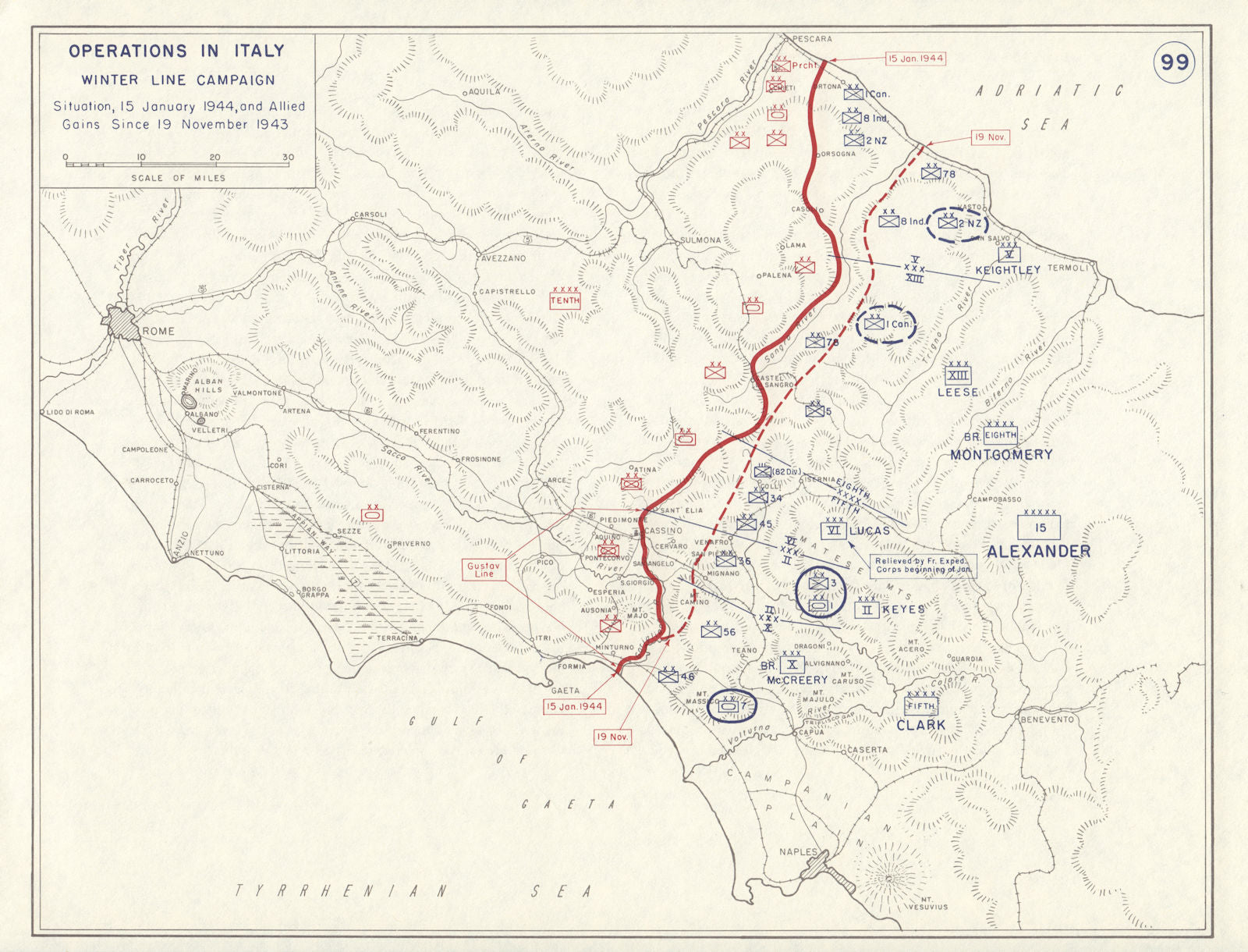 World War 2. Italy. Winter Line Campaign Nov 1943-Jan 1944 Allied Gains 1959 map